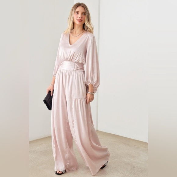 Mustard Seed Satin V-Neck Ruched Waist Wide Leg Jumpsuit - Picture 2 of 7